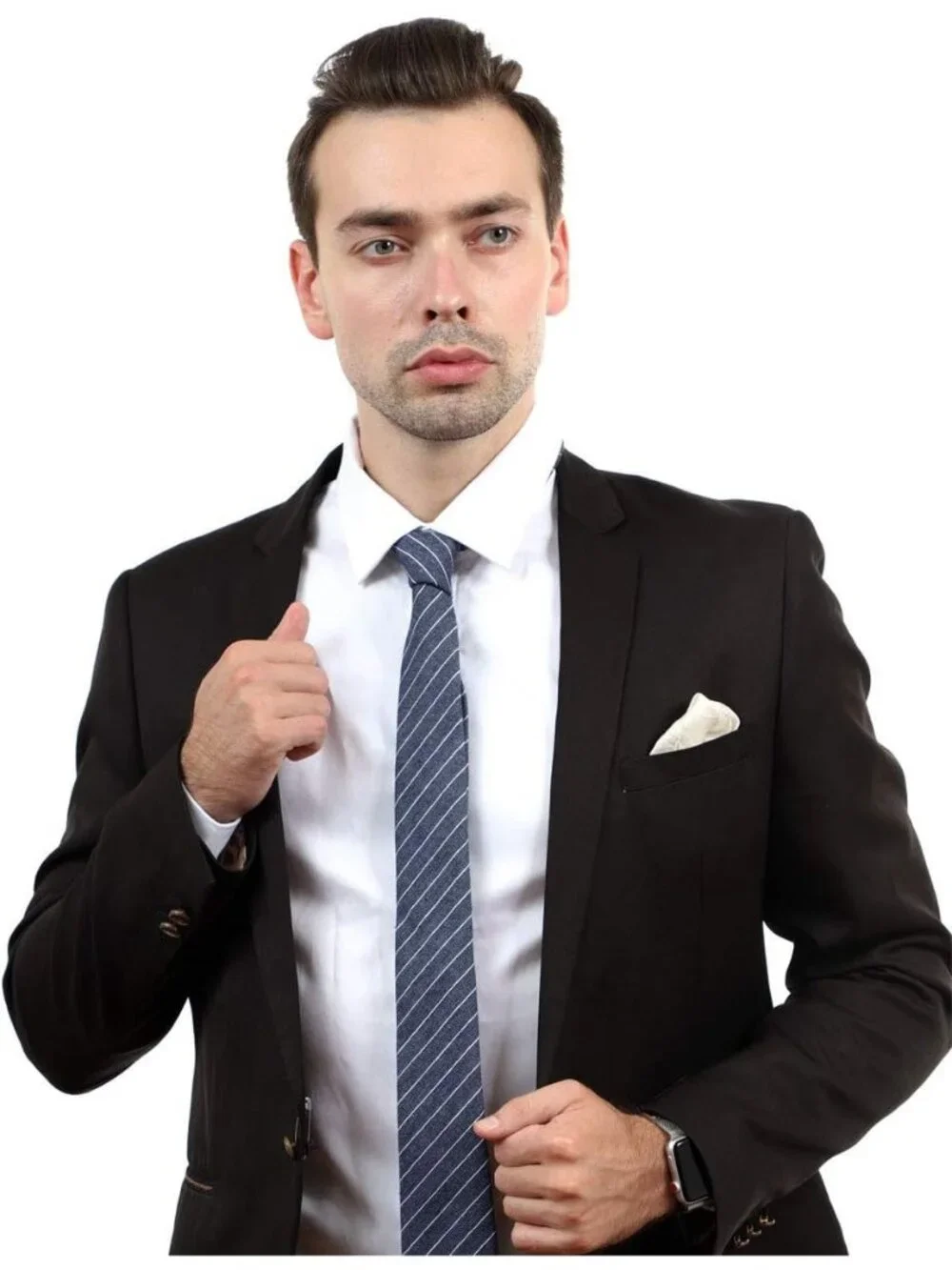 Men White Blue Stripes Heather Cotton Linen Textured Formal Necktie For Business
